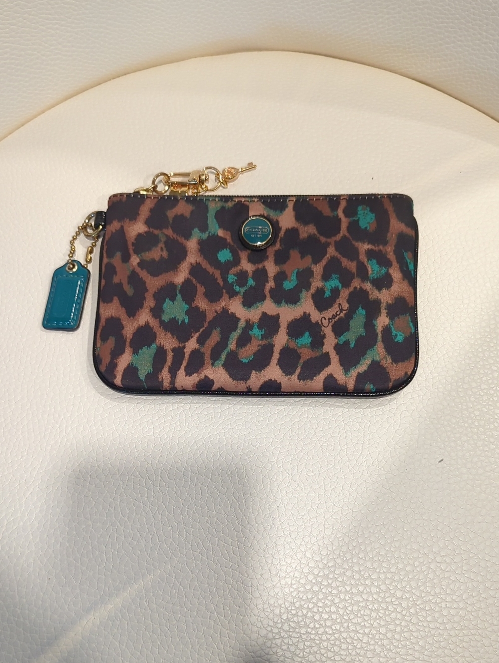 Coach Brown Leopard Print Wristlet with Teal Accents